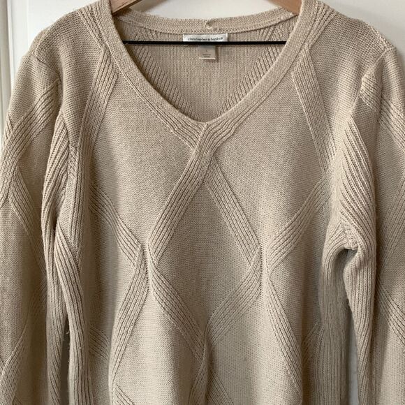 Vintage Sweater coastal oatmeal knit argyle women's large cable knit fall v neck - Picture 1 of 6